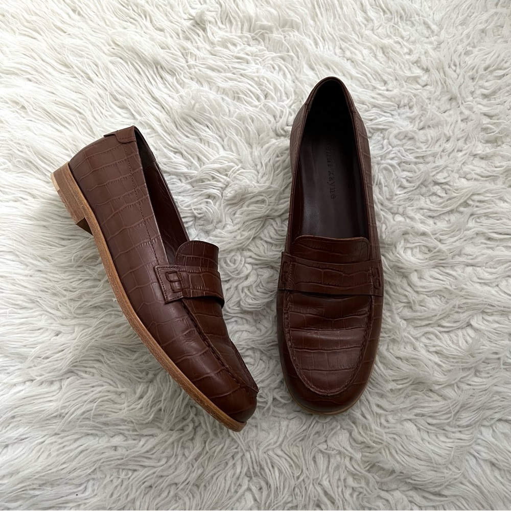 Jenni Kayne Brown Croc-Embossed Leather Penny Loafers